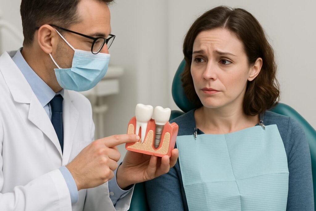 A dentist is pointing to a 3D model of a patient's mouth, showcasing the placement of a dental implant. The patient is sitting in the chair, looking concerned but hopeful. No text on the image.
