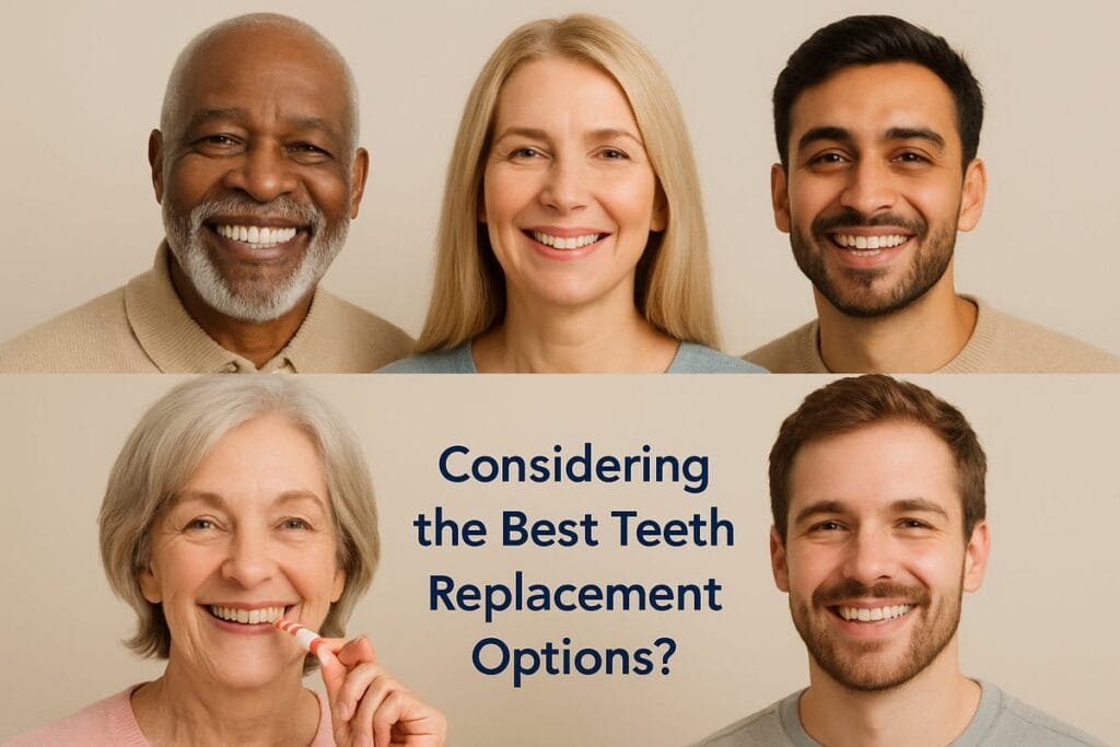 A diverse group of people smiling, showcasing various teeth replacement options, including a full set of gleaming white dental implants, partial dentures, and a traditional bridge. The text on the image reads "Considering the Best Teeth Replacement Options?"