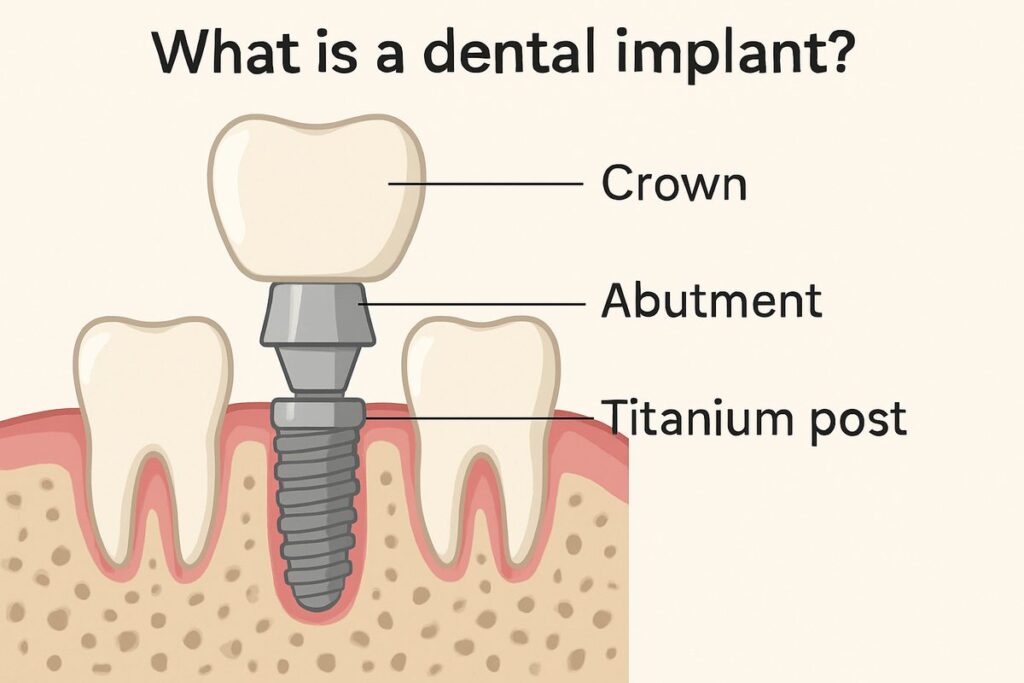 An illustration of a dental implant, showing the titanium post anchored in the jawbone, the abutment connecting the post, and the crown resembling a natural tooth. The image should visually explain "what is a dental implant" and its components, perhaps with a diagram. No text on image.