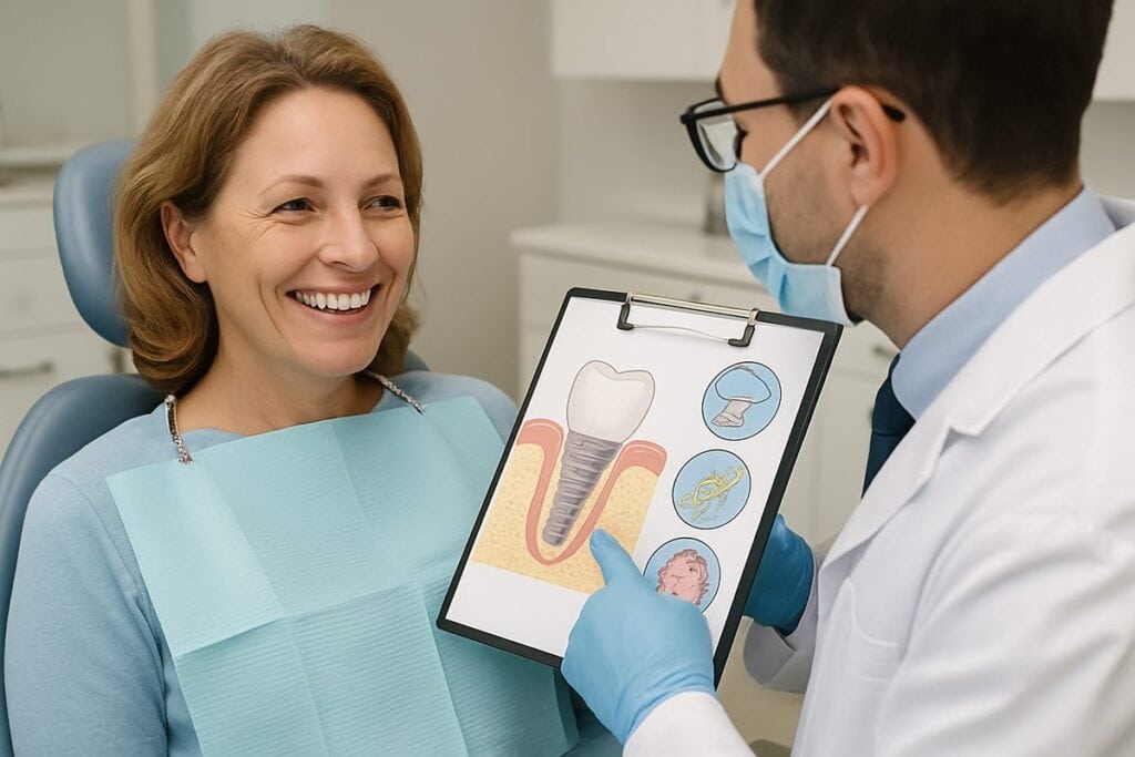 Image of a smiling patient in a dental chair, post-tooth implant procedure, with a dentist explaining aftercare instructions. The dentist is pointing to a diagram illustrating potential, but rare, tooth implantation side effects. No text on image.